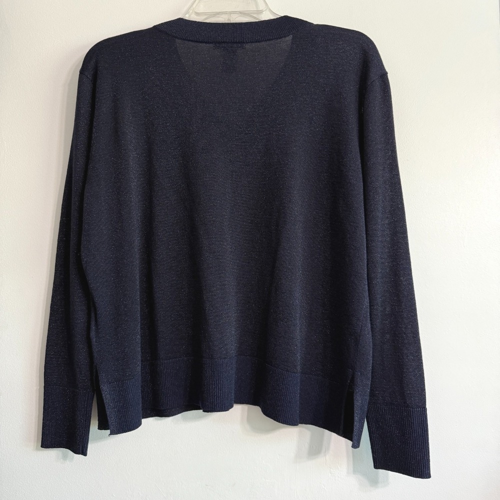 H&M Shimmer V-Neck Sweater Womens Size M Navy Blue Metallic Sparkle Knit Party - Picture 2 of 6